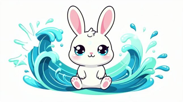 A cute white rabbit splashing in blue water.