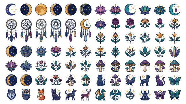 Boho Celestial and Nature Elements: Moons, Stars, Dreamcatchers, Flowers, Mushrooms, Animals