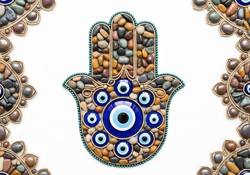 Handmade hamsa hand mosaic decor with evil eye charms and natural stones crafted on white background