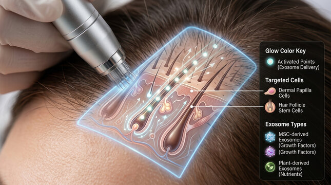 Exosome delivery treatment for hair restoration clinic environment digital illustration high fidelity concept