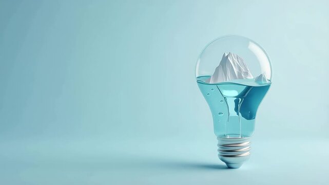 Iceberg floating inside transparent light bulb with ocean water, environmental awareness concept, climate change, melting glaciers, sustainability, clean energy, ecological idea
