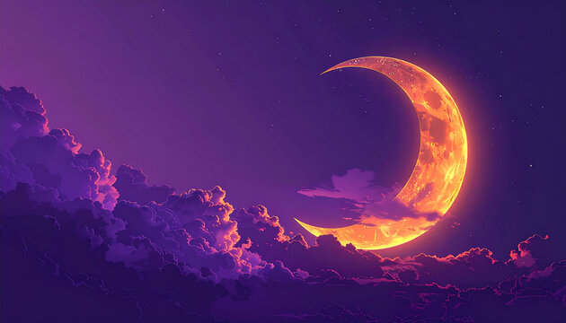 Glowing crescent moon shining bright in night sky with clouds