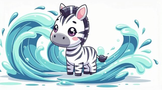 A cute zebra splashing in blue water.