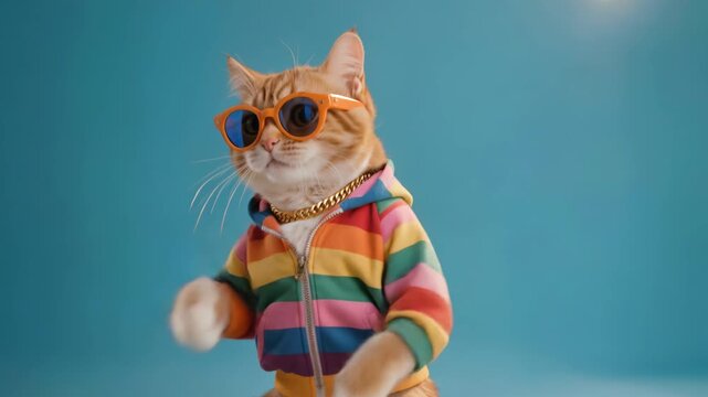 Funny cool ginger cat wearing orange sunglasses, rainbow striped jacket and gold chain dancing against bright blue studio background.
