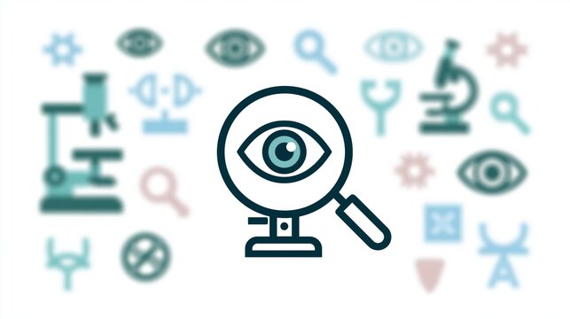 Medium shot showcasing a focused slitlamp icon with blurred teal and pastel blue ophthalmology symbols on a clean white background perfect for medical infographic use