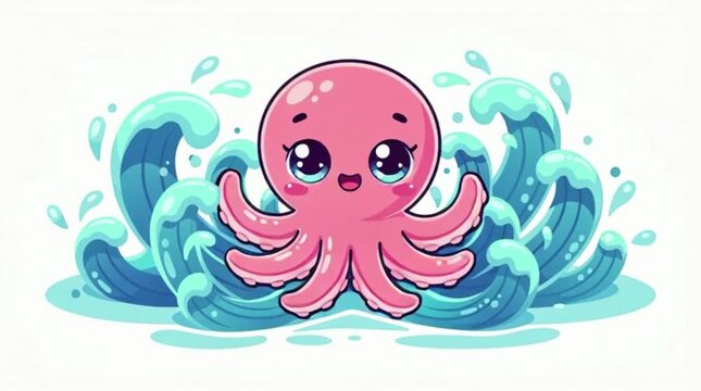 A cute pink octopus character splashing in blue water.