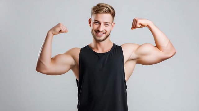 Muscular young man flexing biceps in black tank top on light studio background, fitness motivation concept, strength training, bodybuilding, athletic confidence, healthy