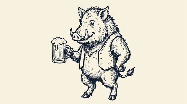 Artistic handdrawn vector sketch depicting a wild boar holding a beer mug, rustic animal character illustration for brewery branding, pub logo, or vintage tavern aesthetic design.