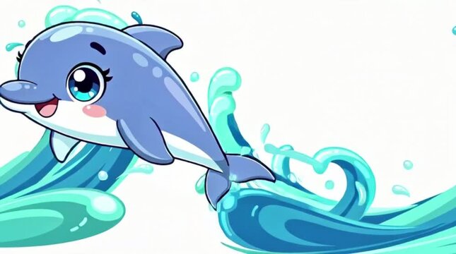 A blue dolphin jumping out of splashing water.