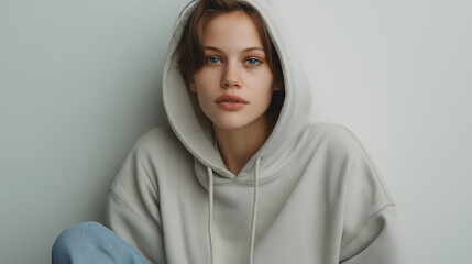 Fototapeta premium Minimalist White Hooded Sweatshirt In Modern Womens Apparel