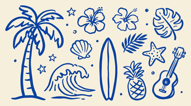 Vibrant hand-drawn tropical beach doodle elements collection featuring palm trees, sun, surfboards, sea waves, exotic fruit, and summer vacation icons in a playful vector illustration style.