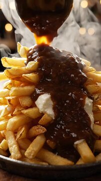 Mouthwatering crispy french fry poutine, loaded with rich dark gravy and melting cheese curds. An indulgent comfort food meal or savory snack