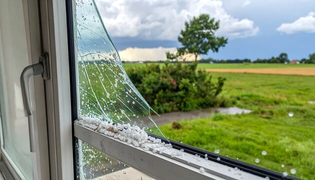 A broken window with shattered glass and a view of a green field