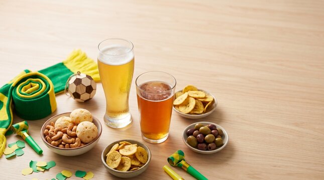 Flatlay elegante com cerveja petiscos e elementos festivos inspirados em celebra&ccedil;&otilde;es do futebol brasileiro