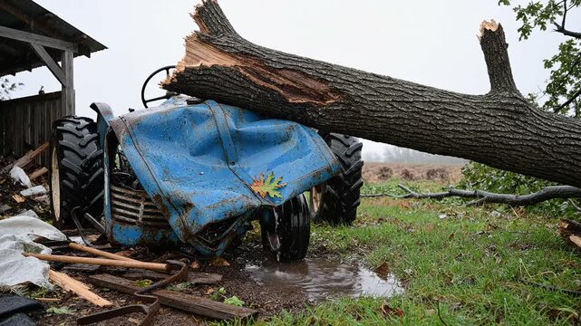 Tractor crushed by fallen tree in devastating aftermath of severe weather hurricane destruction. Farm equipment damaged by extreme storm impact.