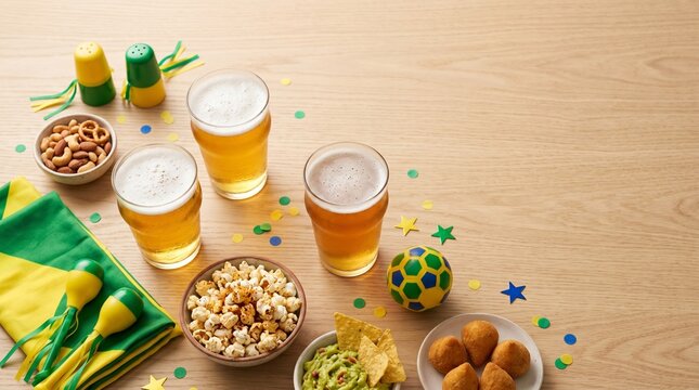 Flatlay elegante com cerveja petiscos e elementos festivos inspirados em celebra&ccedil;&otilde;es do futebol brasileiro