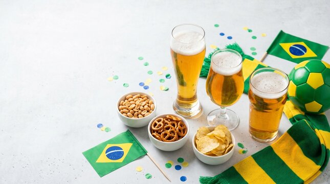 Flatlay elegante com cerveja petiscos e elementos festivos inspirados em celebra&ccedil;&otilde;es do futebol brasileiro