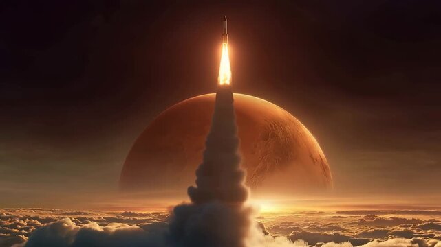 Spacecraft accelerating toward Mars with sunrise behind planet, future space mission concept, interplanetary exploration, aerospace innovation, scientific progress