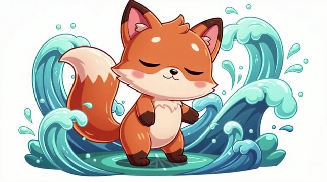 A cute red fox splashing in blue water.