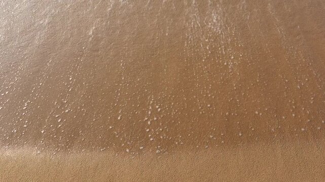 The sea waves, with their clean white foam, lapping against the sandy beach in the morning. Ocean water seeps into the sand under the warm morning sunlight.
