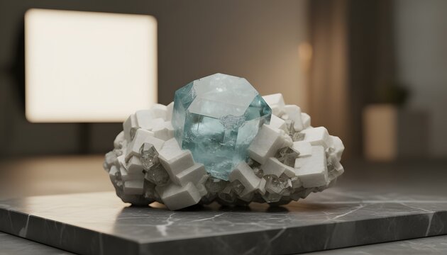 Natural blue beryl crystal in pegmatite matrix resting on marble stone for geology and mineralogy education concept, studio macro lighting