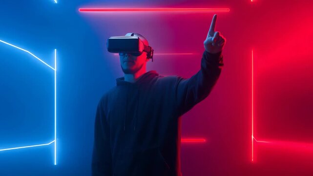 Virtual reality, neon lights, metaverse, immersive experience, VR headset, adult male, cyber innovation, futuristic simulation, interactive technology