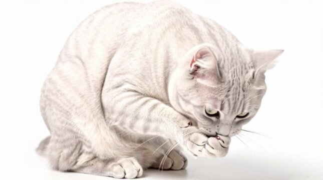 A fluffy white cat lying down comfortably on a white background.