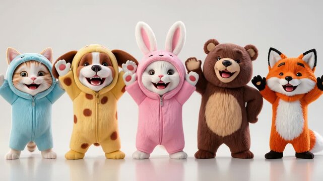 Adorable pets in colorful animal costumes standing in a row on a wooden floor, featuring cat, puppy, bunny, bear, and fox outfits in a playful kawaii style.
