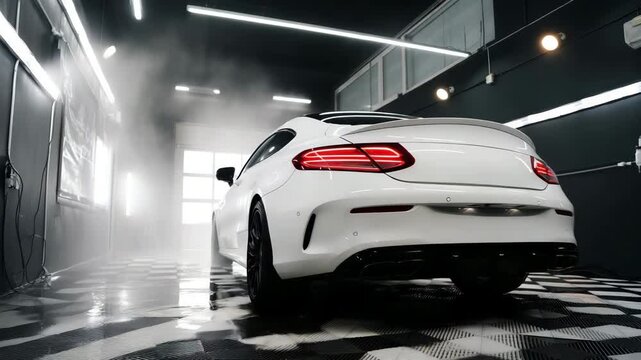 White luxury car rear in professional detailing garage with mist and LED lights, auto care service concept, ceramic coating, vehicle washing, premium car