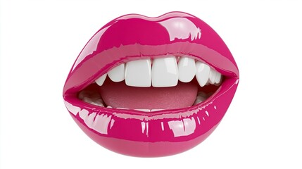 Fototapeta premium Medium shot of a detailed 3D female mouth icon with perfect white teeth and vibrant pink lipstick showcasing glossy materials and soft lighting against a clear transparent