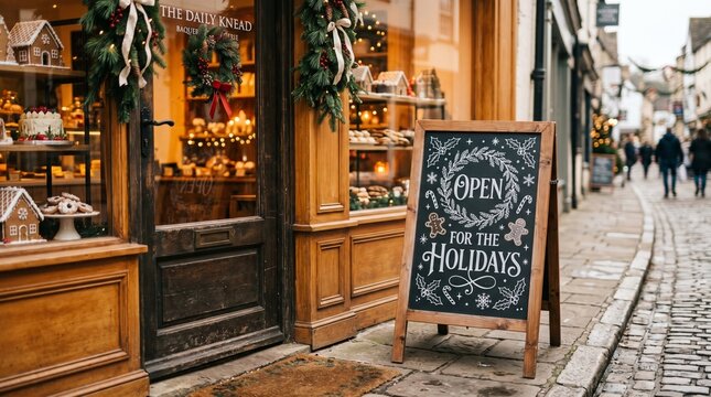 Charming bakery storefront decorated for Christmas with an open for the holidays sign and cobblestone street in the background