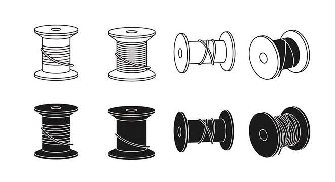 A collection of various thread spool icons shown in both outline and solid black filled styles.