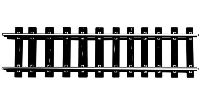 A high contrast graphic illustration of a straight section of train tracks on a white background