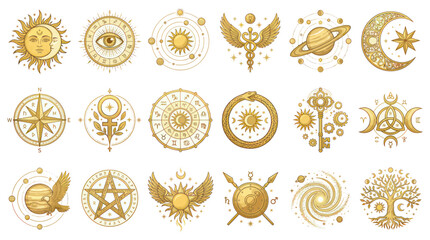 Esoteric Symbols Set: Sun, Moon, Stars, Compass, Key, Phoenix, Ouroboros, Tree of Life © Kuwadi