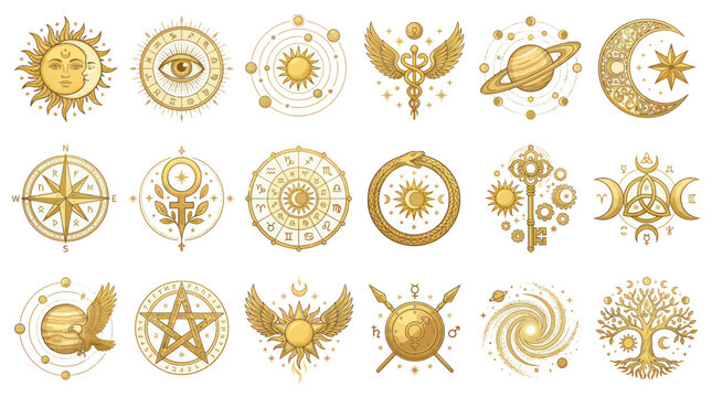 Esoteric Symbols Set: Sun, Moon, Stars, Compass, Key, Phoenix, Ouroboros, Tree of Life