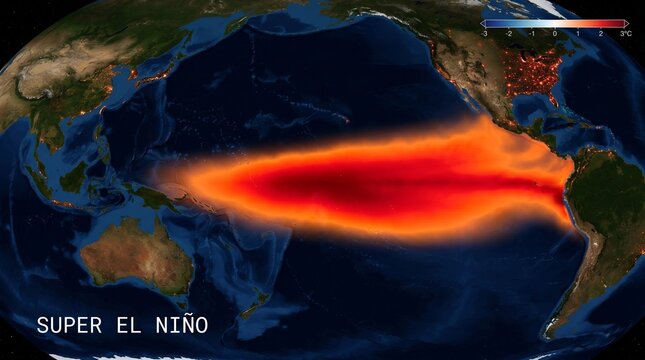 Super El Nino phenomenon visualized as a massive warm water anomaly across the Pacific Ocean impacting global weather patterns