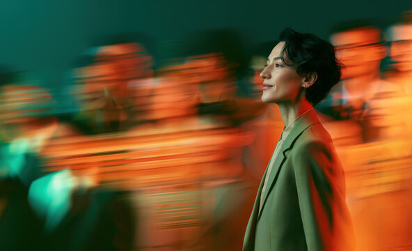 Calm Female Professional Moving Forward Through Artistic Teal Orange Crowd Blur