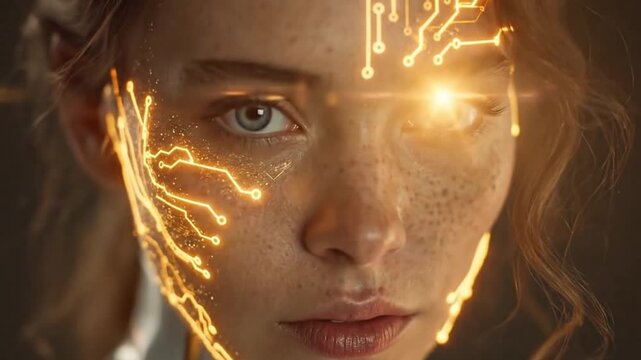 Close-up profile of a woman with glowing digital circuit patterns on her face, futuristic human and artificial intelligence concept.