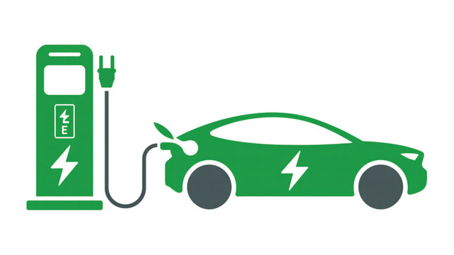A clean green vector illustration depicts an electric vehicle connected to a charging station with a prominent lightning bolt symbol against a white background.