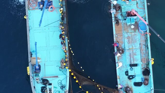 Aerial top down view of fishing boats working around fixed fishing nets in Ito Japan