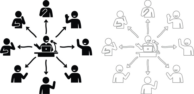 Online webinar and virtual conference broadcast vector icon set featuring a speaker delivering a presentation to a remote audience network in solid black silhouette and line outline.