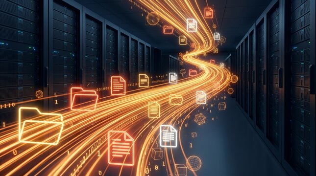 Digital data stream flowing through a modern server room with glowing file and folder icons and binary code