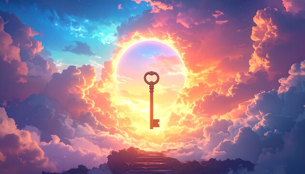 Golden Key to Heavenly Gate with Colorful Cloudy Sky