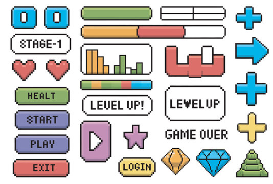 Retro pixel art game interface elements with health bars and level up notifications