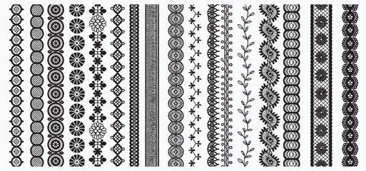 Set of intricate black lace borders and fabric trim patterns for sewing and design © mosttirana