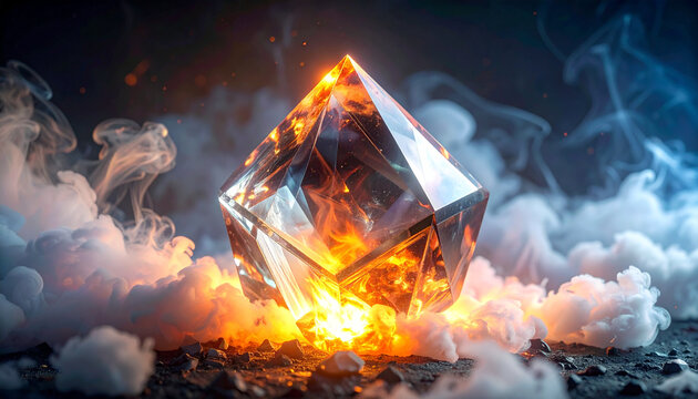 Glowing Crystal on Fire with Smoke and Flames
