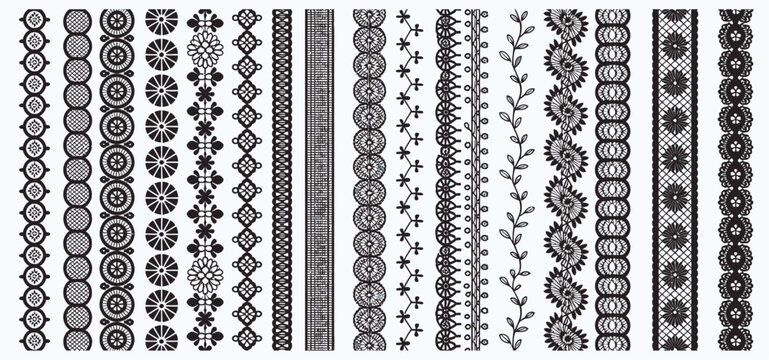 Set of intricate black lace borders and fabric trim patterns for sewing and design