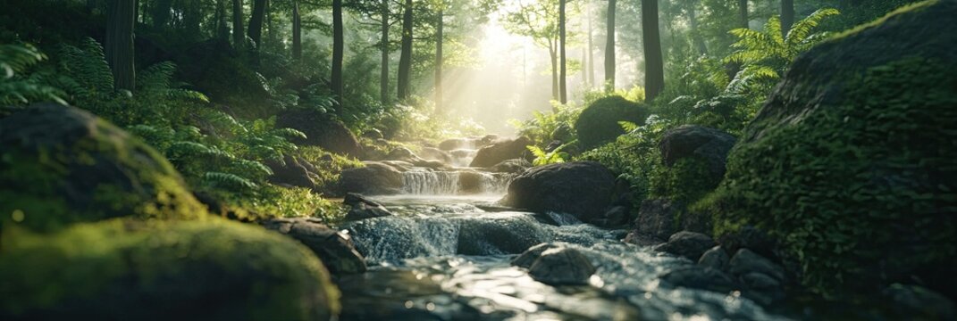 A serene mountain stream flowing through a dense forest, with moss-covered rocks and sunlight filtering through the canopy above. The natural beauty of the forest is highlighted in the soft light. 