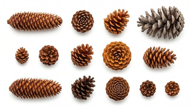 Collection of various pine cones arranged on a white background showcasing different shapes sizes and textures