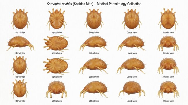 Sarcoptes scabiei Scabies Mite Medical Parasitology Collection Dorsal Ventral Lateral and Anterior Views